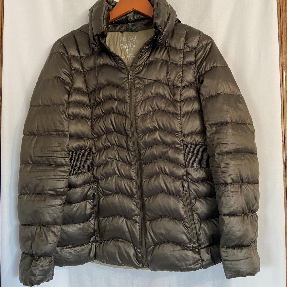 ANA Premium Down Puffer Coat Packable Full Zip Hood Dark Green Women's Medium